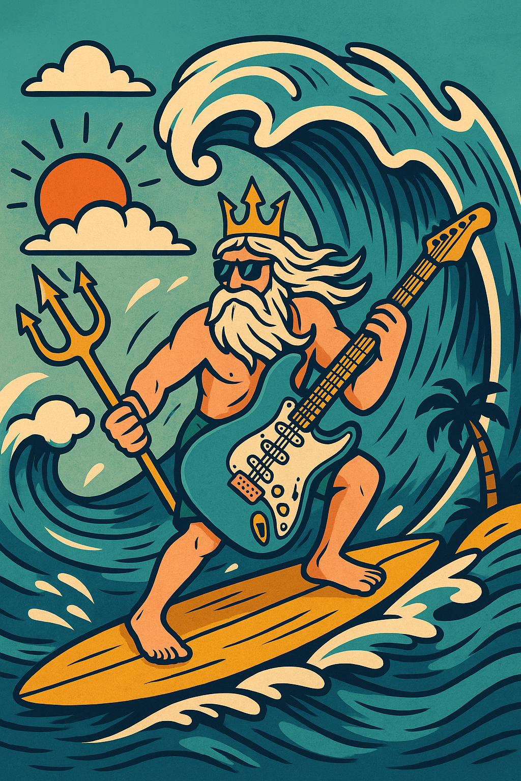 Cartoon Neptune surfing with electric guitar